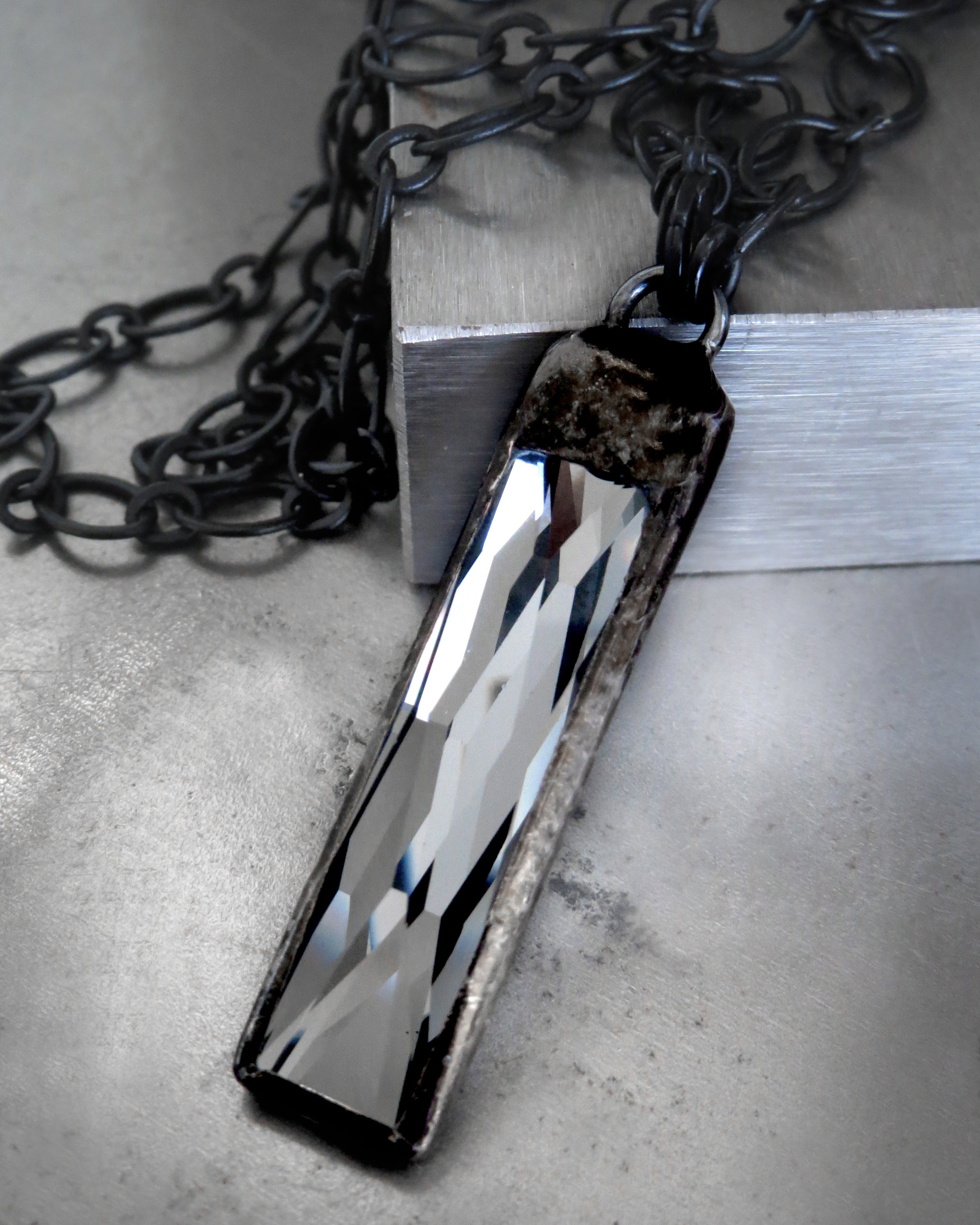 TWILIGHT - Two-Sided Crystal Pendant Necklace - Black Diamond + Dark Silver