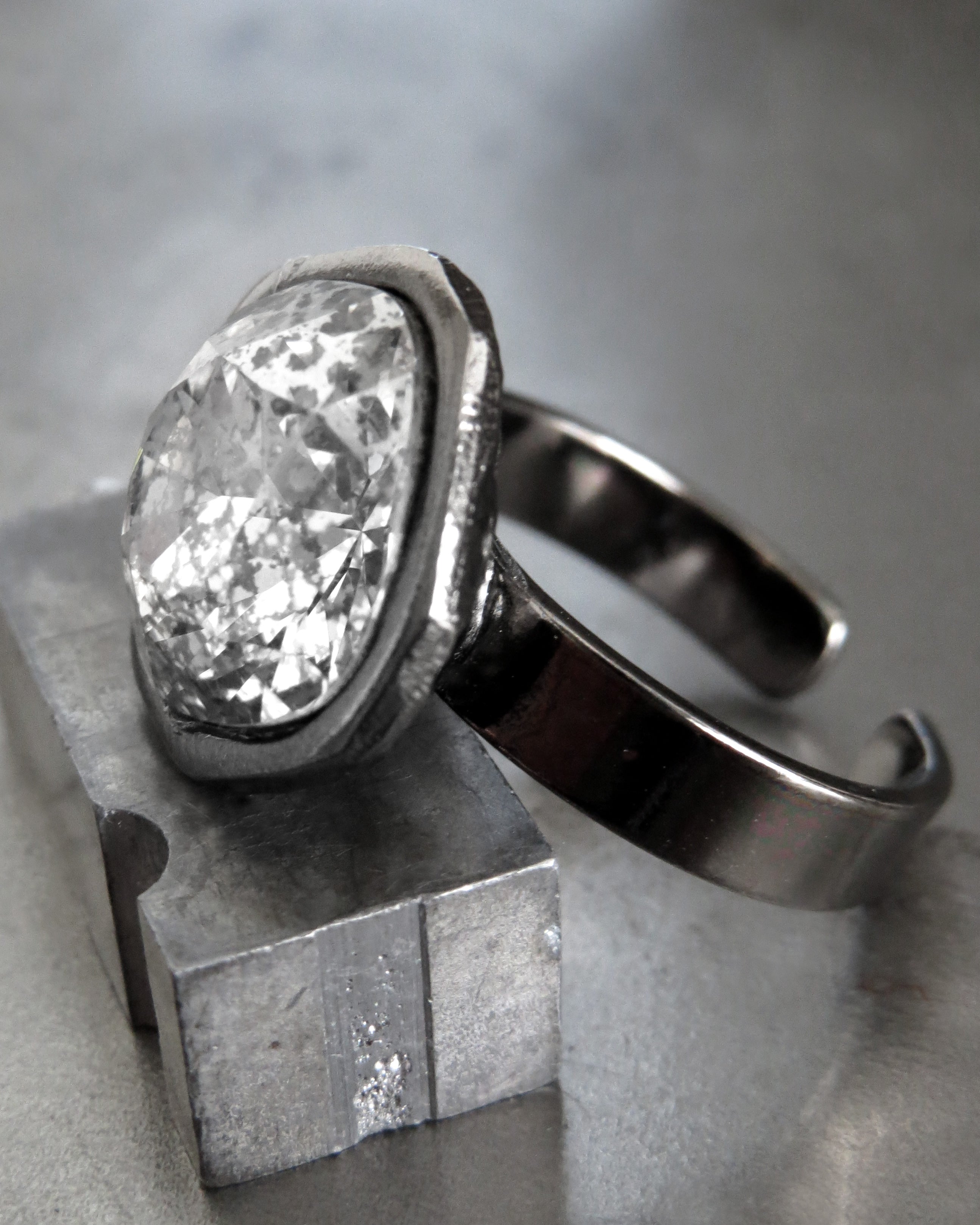 MERCURY - Distressed Metallic Silver Patina Crystal Ring