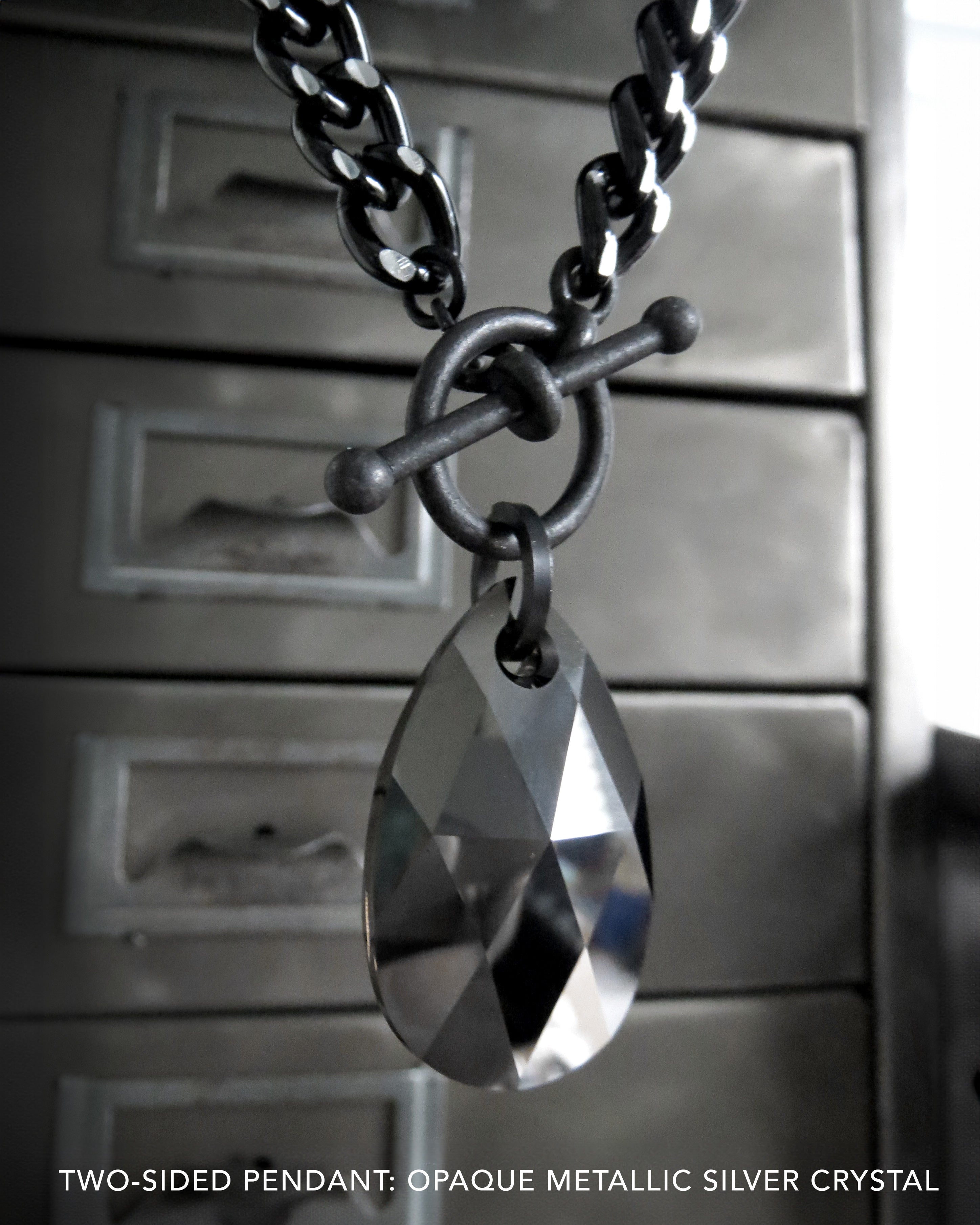 VIBE V4 - Two Sided Silver + Black Teardrop Crystal Necklace with Thick Chain