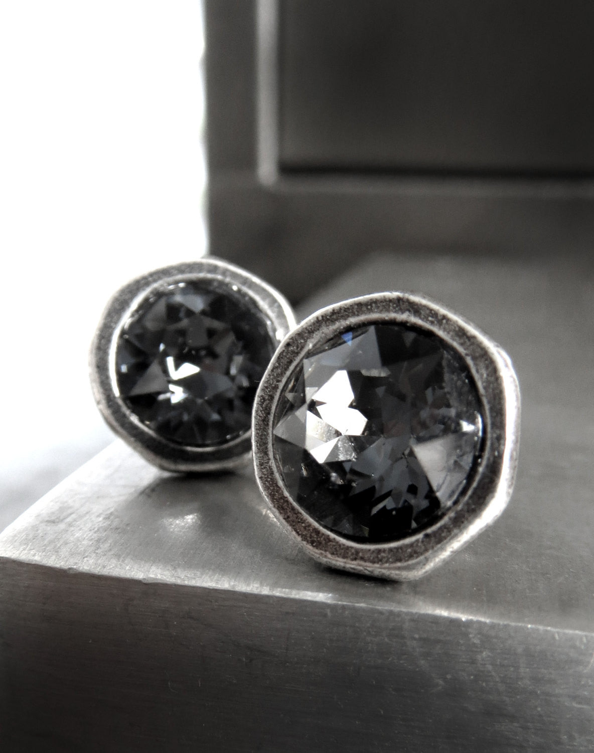 Large Black Night Crystal Stud Earrings - Antiqued Silver