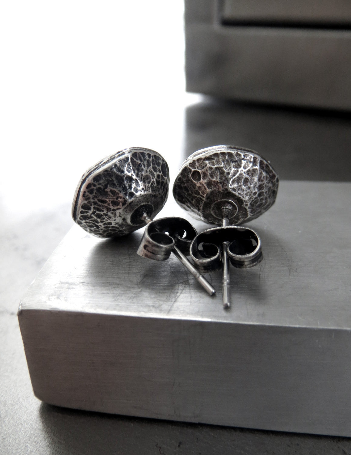 Large Black Night Crystal Stud Earrings - Antiqued Silver