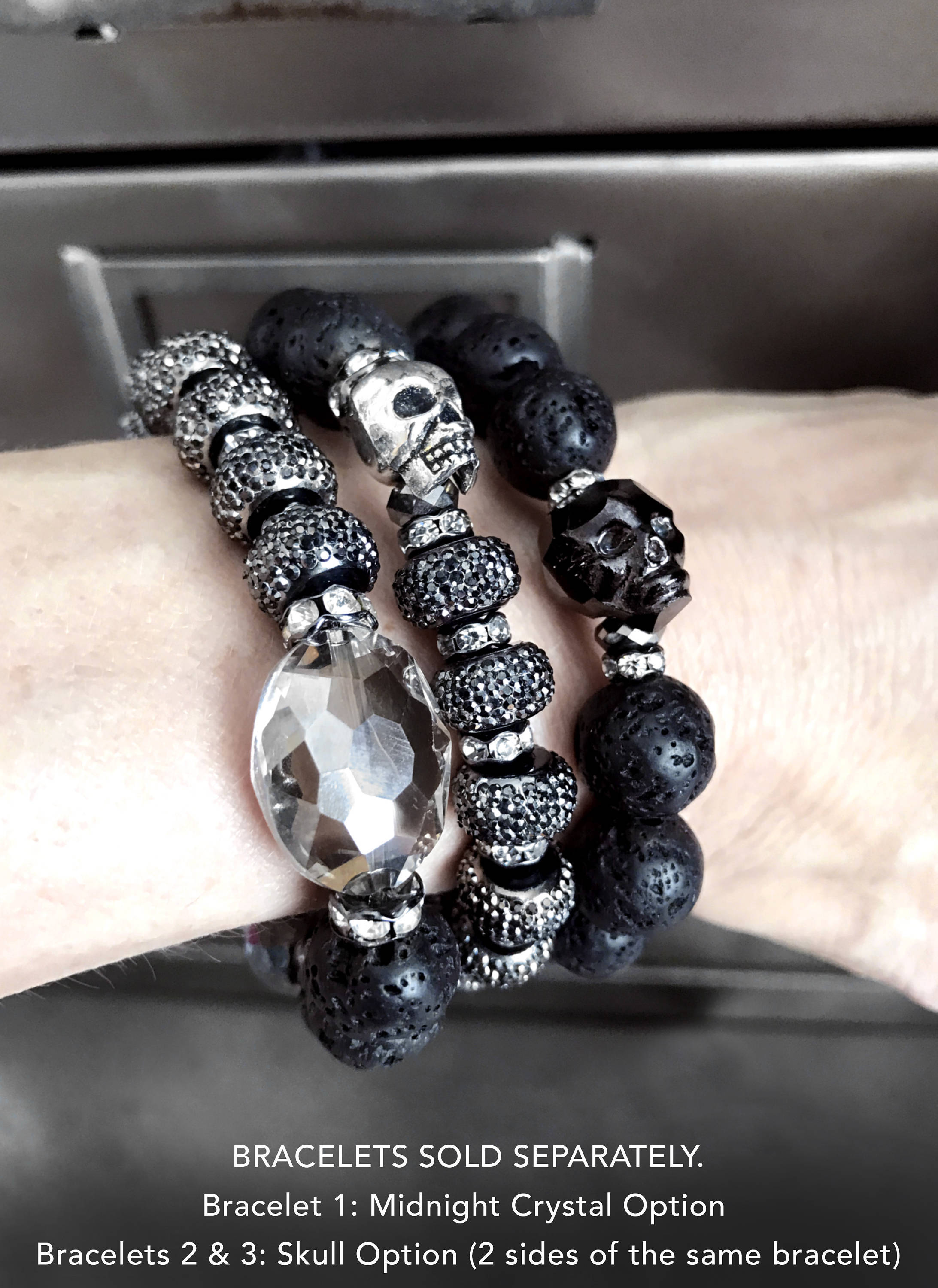 SILVER MOON - Black Lava Bead Bracelet with Crystal