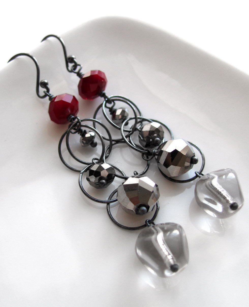 SMOKE & LIPSTICK - Long Chain Earrings with Oxidized Sterling Silver