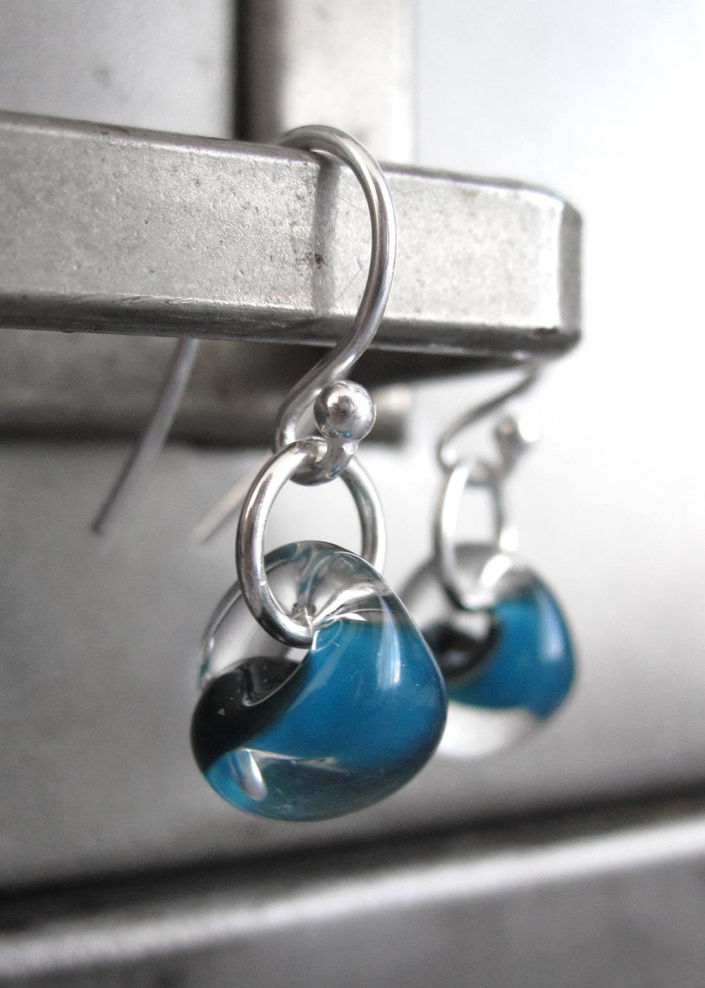 Dark Aqua Glass Drop Earrings with Silver